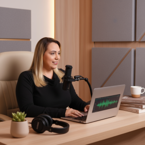 mulher loira em escritório com microfone e notebook